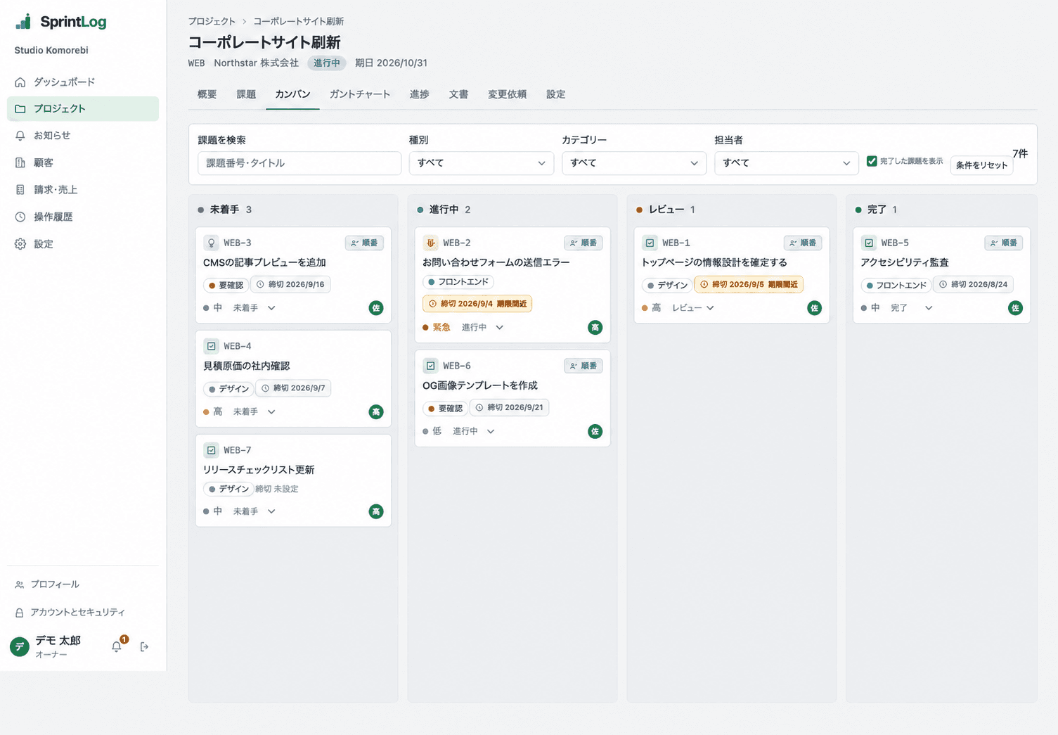 状態ごとの列に課題カードを表示するカンバン画面